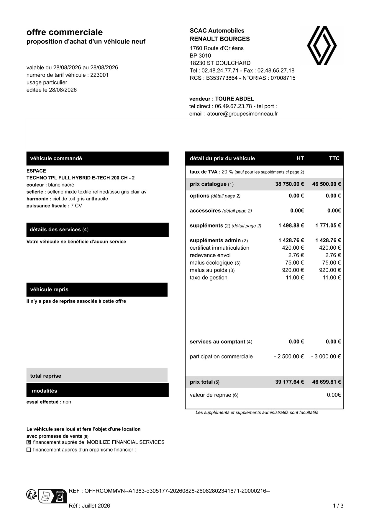 Offre Renault Espace, page 1, informations client masquées